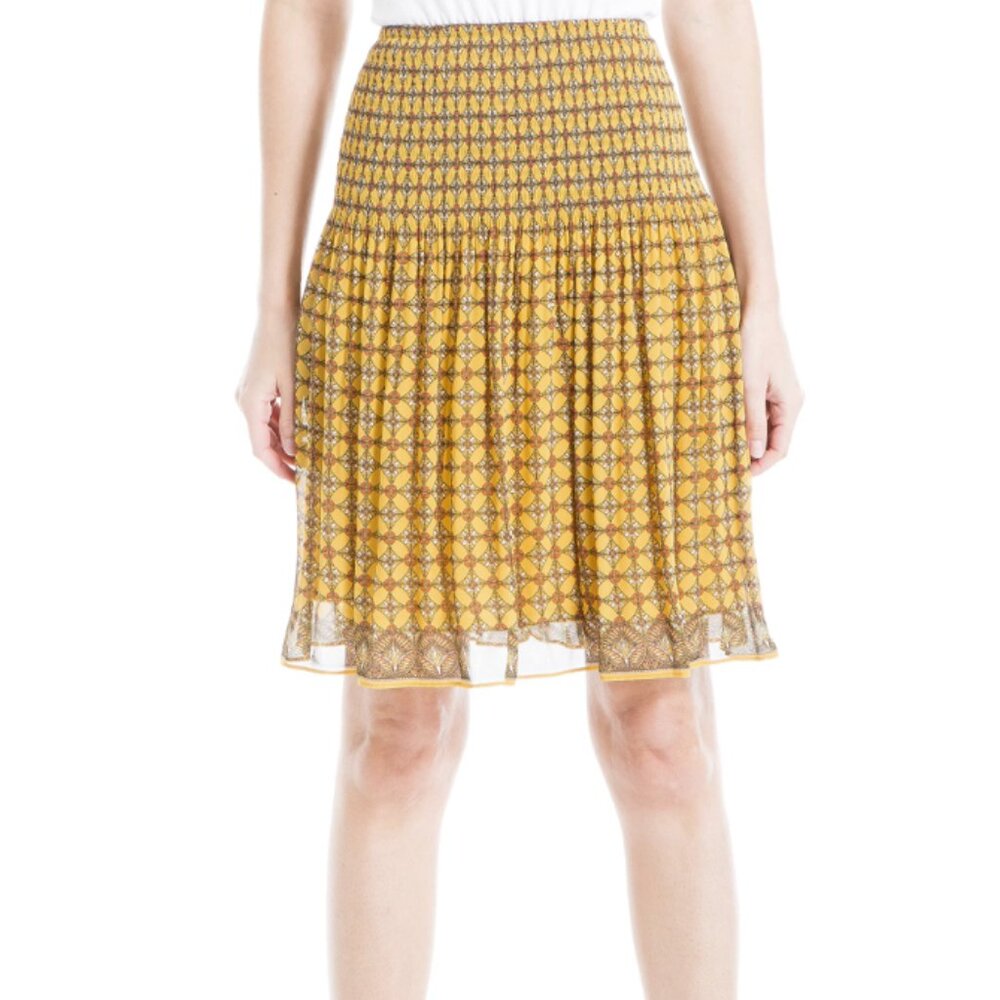 New Max Studio sz XL Mustard Yellow Smocked Waist Mini Skirt Geometric Boho